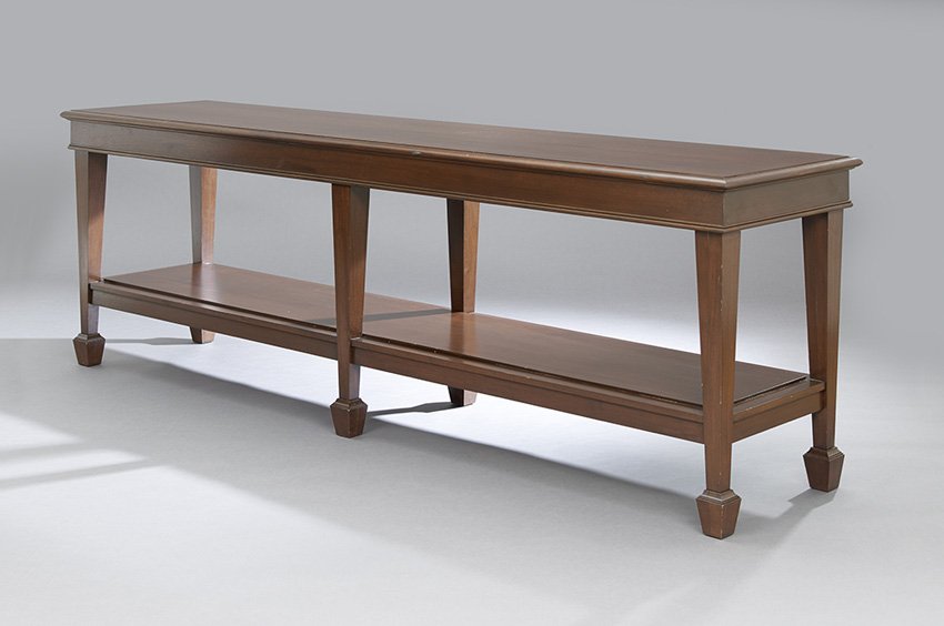 Large William IV-Style Mahogany Console Table: Large William IV-Style Mahogany Console Table, 20th century, with a molded top supported by large tapered legs joined by a lower shelf, finished on all sides, h. 33-1/2", w. 102", d. 24".