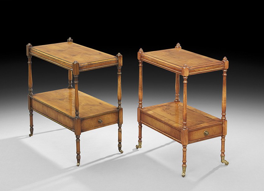 Near Pair of Regency-Style Yew Wood Side Tables: Near Pair of English Regency-Style Yew Wood Side Tables, one mid-19th century, h. 24", w. 11", l. 17-3/4", and the other late 20th century, h. 23-1/2", w. 12", l. 22-1/4".
