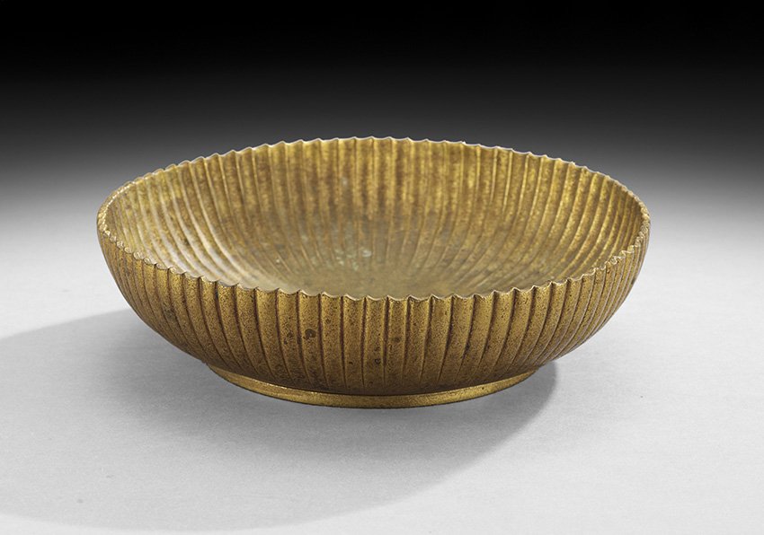 Tiffany Studios Bronze Dore Low Ribbed Bowl: Tiffany Studios Bronze Dore Low Ribbed Bowl, first quarter 20th century, New York, marked "Tiffany Studios, New York, 1718", h. 2", dia. 8".