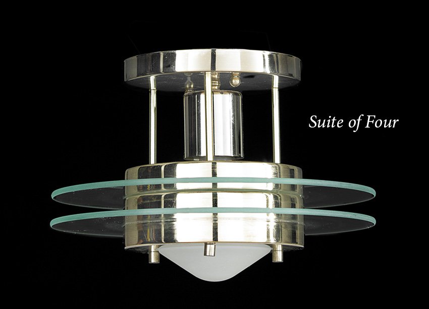 Four Art Deco-Style Ceiling Lights: Set of Four Art Deco-Style Brass and Plate Glass Ceiling Lights, h. 7-1/4", dia. 10".