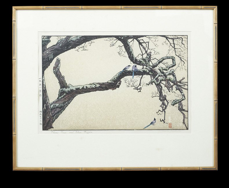 Toshi Yoshida (Japanese, 1911-1995): Toshi Yoshida (Japanese, 1911-1995), "Plum Tree and Blue Magpie", 1951, color woodblock on Kozo paper, first edition, titled in Japanese and English and dated lower left, signed and with seal lower ri