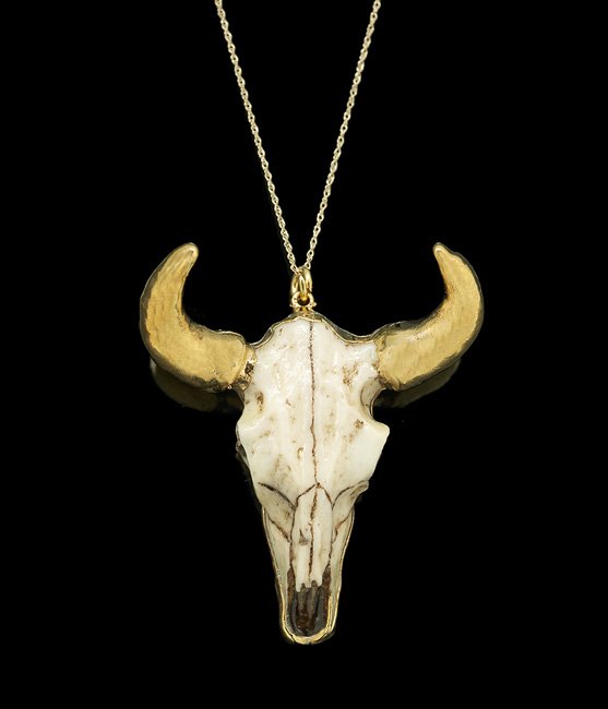 24 Kt. Gold-Dipped Skull Pendant on Chain: Twenty-Four-Karat Yellow Gold-Dipped Skull Pendant on Chain, the skull accented with twenty-four-karat yellow gold, suspended from a fourteen-karat yellow gold chain, chain, l. 18", pendant, w. 1-3/4"