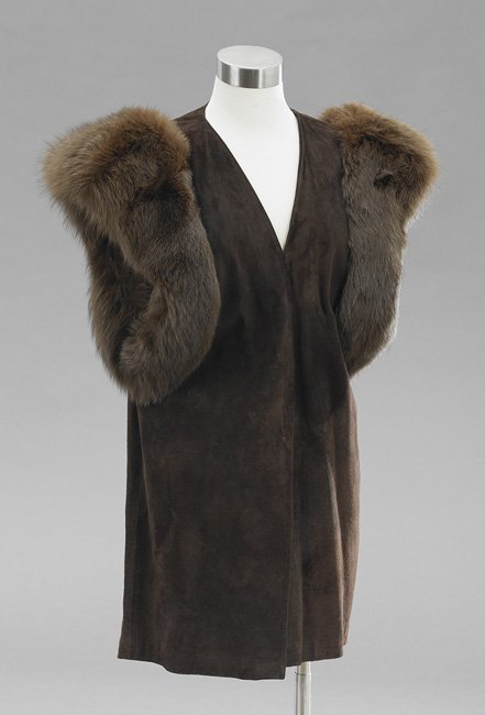 Chocolate Brown Fox-Trimmed Sueded-Pigskin Vest: Chocolate Brown Fox-Trimmed Sueded-Pigskin Vest, size 4-6, labeled: "Stephen Yearick", lined in cafe-au-lait satin, l. 32-1/2".
