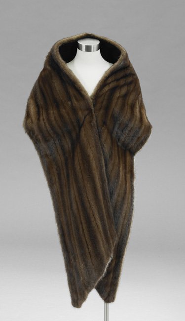 Brown Mink Angled End Stole: Brown Mink Angled End Stole, chocolate brown velvet-lined and labeled: "Zuki", l. 50", w. 12".