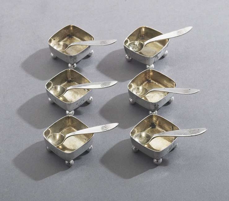 6 Tiffany Sterling Salt Cellars and Spoons: Set of Six Tiffany & Co. Sterling Silver Salt Cellars and Spoons, fourth quarter 19th century, including six salts of rounded square form with spherical feet and gilt interior, w. 4-1/8", with six poi