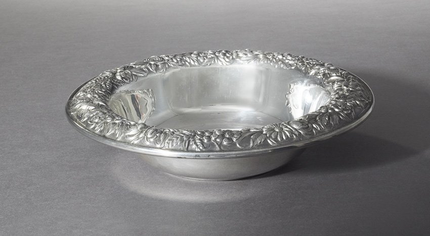 S. Kirk & Son Sterling Silver Fruit Bowl: S. Kirk & Son Sterling Silver Fruit Bowl, mid-20th century, Baltimore, Maryland, circular with floral repousse rim, dia. 10", 13.63 t. oz.