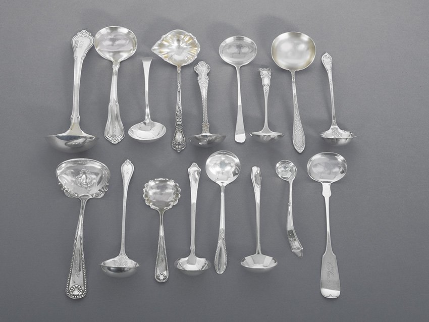 Seventeen Assorted Small Sterling Silver Ladles: Seventeen Assorted Small Sterling Silver Ladles, 20th century, including two Gorham "Villa Norfolk", two Watson "Dorchester", one Newell Matson coin silver, and twelve others, eleven variously monogra