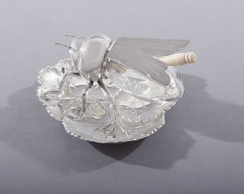 Silverplate Honey Pot and Sterling Bonbon Dish: English Silverplate Honey Pot and American Sterling Silver Bonbon Dish, mid-20th century, the honey pot by Mappin & Webb, in the form of a bee, the hinged wings rising to reveal the glass thorax pot,