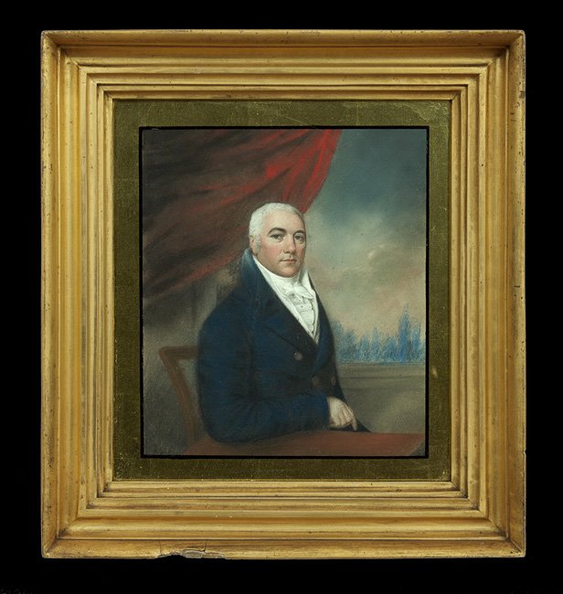Attr. to James Sharples, Sr. (1751/52-1811): Attributed to James Sharples, Sr. (British/American, 1751/52-1811), "Portrait of a Gentleman", pastel on paper, unsigned, verso with a handwritten attribution label, sight 10" x 8-1/2". Glazed and fra