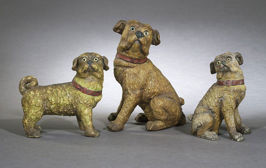 Three Painted Pottery Pugs with Glass Eyes: Three Painted Pottery Pugs with Glass Eyes, first quarter 20th century, probably English, h. 10-1/2" to 15".