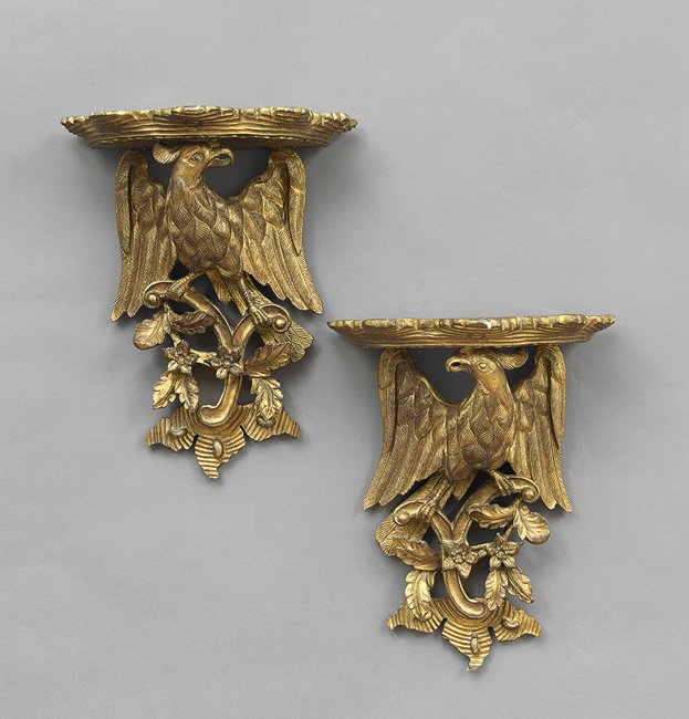 Pair of Chippendale-Style Giltwood Brackets: Pair of Chippendale-Style Composition Giltwood Brackets, mid-20th century, probably Italian, decorated with ho-ho birds, h. 16-1/2", w. 13", d. 7-1/2".