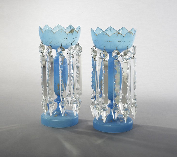 Pair of Bohemian Opaline Glass Mantel Lustres: Pair of Bohemian Blue Opaline Glass Mantel Lustres, third quarter 19th century, with spear-point prisms, h. 13", dia. 5-3/4".
