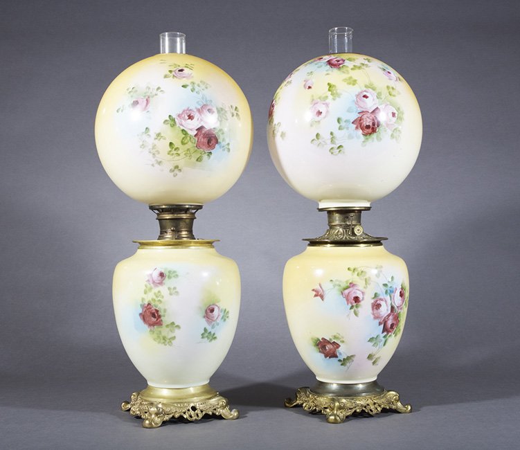 Pair of Hand-Painted "Gone with the Wind" Lamps: Pair of Hand-Painted "Gone with the Wind" Lamps, late 19th century, set with Bradley and Hubbard fonts, h. 27-3/4", dia. 8-3/4".