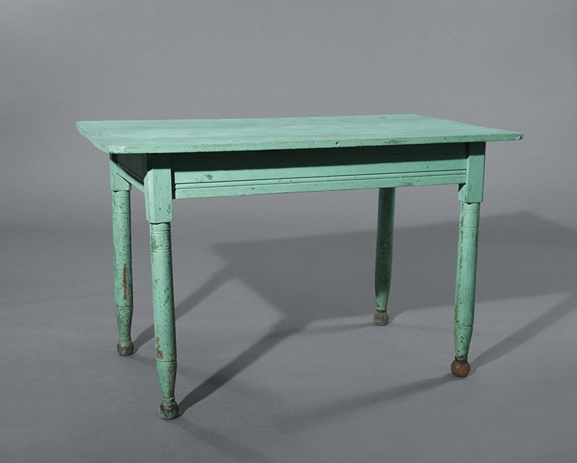 American Southern Vernacular Cypress Work Table: American Southern Vernacular Polychrome Cypress Work Table, early 20th century, h. 30", w. 48", d. 28".