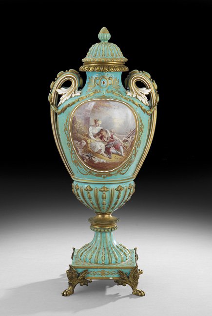 Louis XV-Style Porcelain Garniture Urn: Louis XV-Style Bronze-Mounted Porcelain Garniture Urn, fourth quarter 19th century, Paris, marked indistinctly, decorated with a hand-painted panel of a romantic couple on one side and a windmill on t