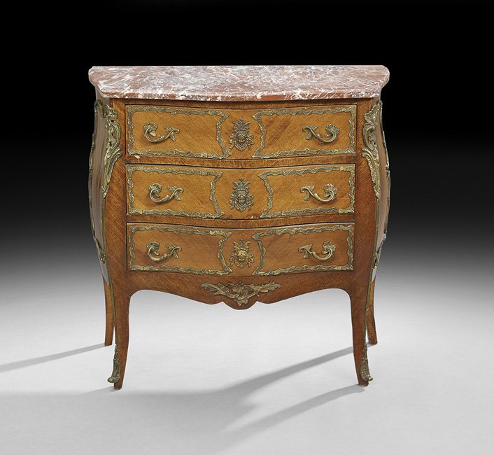 Louis XV-Style Mahogany and Marble-Top Commode: Louis XV-Style Mahogany and Marble-Top Commode, early 20th century, the shaped marble top above a conforming case fitted with three drawers, all with ormolu mounts, raised on splayed legs ending in sa