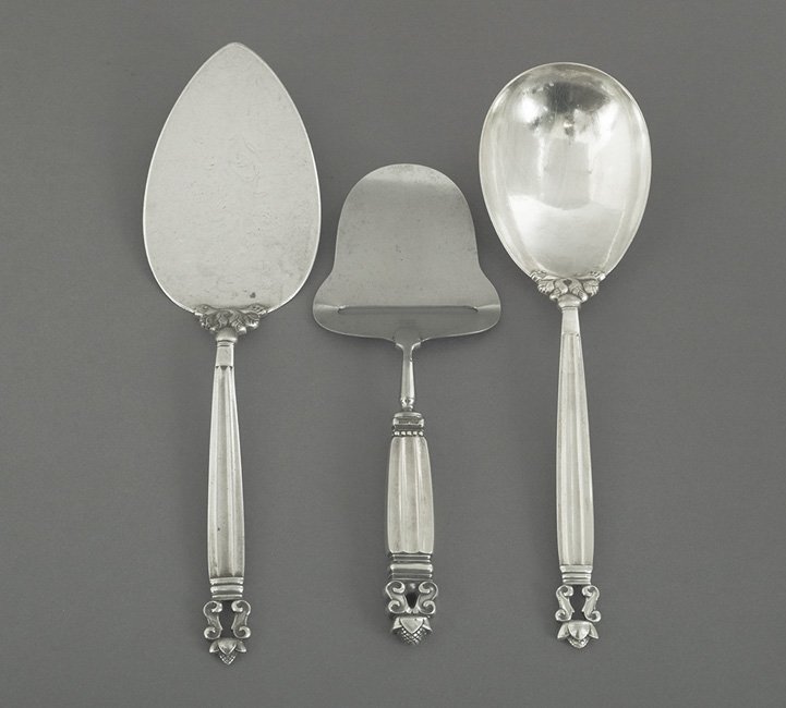 3 Pieces of G. Jensen "Acorn" Sterling Flatware: Three Pieces of Georg Jensen "Acorn" Sterling Silver Flatware, the pattern designed in 1915 by Johan Rohde (1856-1935), including a serving spade, l. 10-1/2", a serving spoon, l. 9-1/2", and a cheese