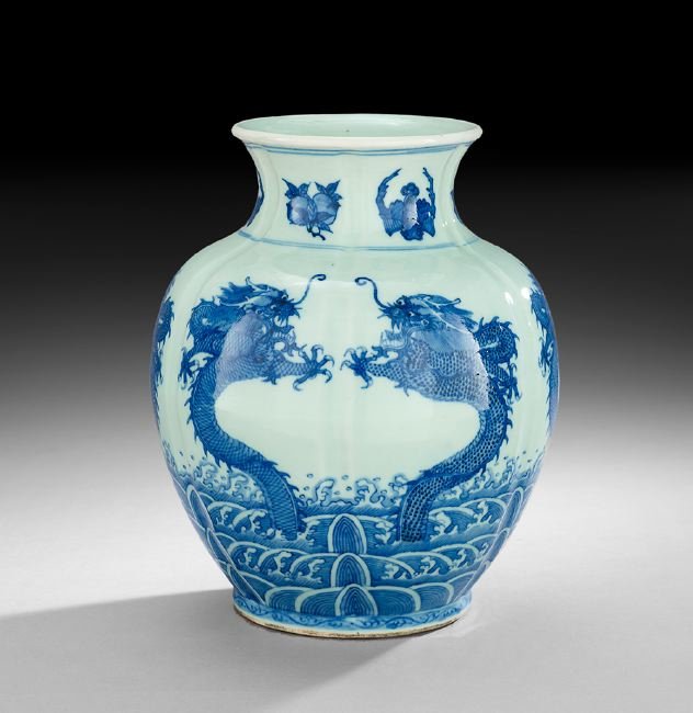 Chinese Blue and White Porcelain Vase: Chinese Blue and White Porcelain Vase, probably 18th/19th century, the vase with a dragon and bat motif, the underside with an apocryphal Chenghua reign mark in underglaze blue, h. 11-1/2". Provenance