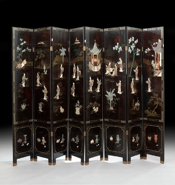 Chinese Coromandel Eight-Panel Screen: Chinese Coromandel Eight-Panel Screen, 19th/20th century, with inlaid wood, hardstone and mother-of-pearl, depicting courtly beauties in an idyllic palace garden setting, the lower portion depicting a