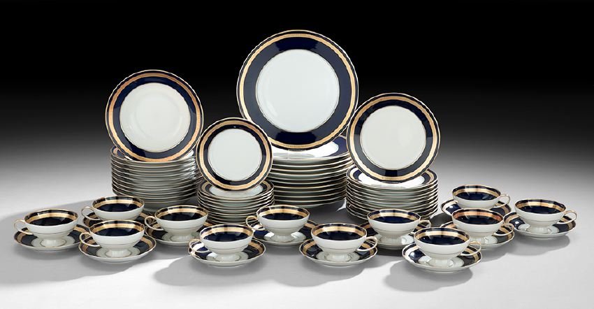 70-Piece Rosenthal "Eminence" Dinner Service: Seventy-Piece Rosenthal Cobalt and Raised Gilt Partial Dinner Service in the "Eminence" Pattern, third quarter 19th century, German, including twelve dinner plates, dia. 10-1/4", eleven soup plates, d