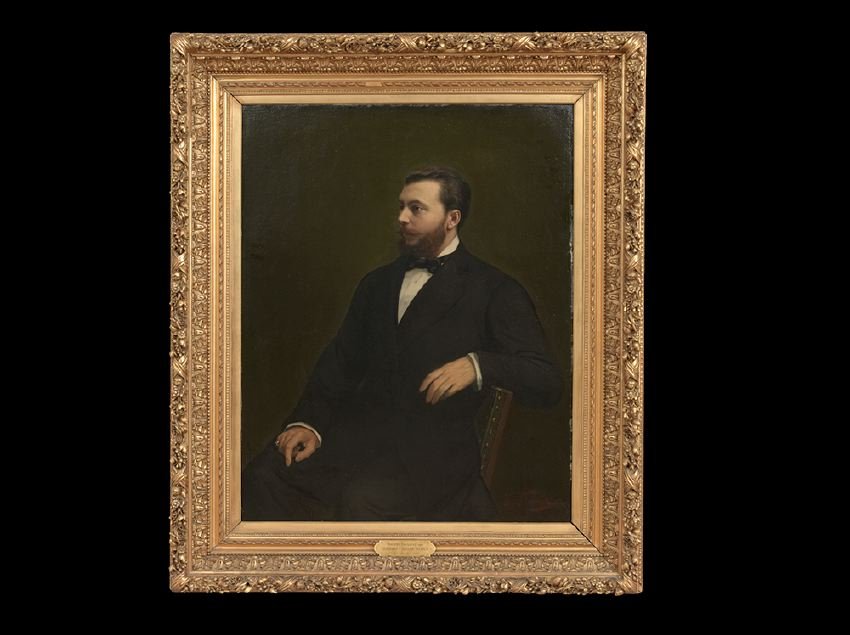 Julius Joseph Gaspard Starck (Belgian, 1814-1884): Julius Joseph Gaspard Starck (Belgian, 1814-1884), "Portrait of Philippe Dansaert", 1884, oil on canvas, signed lower right, 42" x 34". Presented in a handsome, period, giltwood and gesso frame affixe