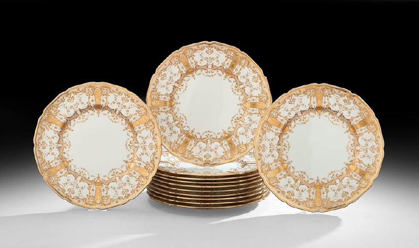 Twelve Royal Doulton Raised Gilt Dinner Plates: Set of Twelve Royal Doulton Raised Gilt Dinner Plates, ca. 1902-1922, English, marked by both the maker and retailer, Marshall Field, Chicago, dia. 10-1/4".