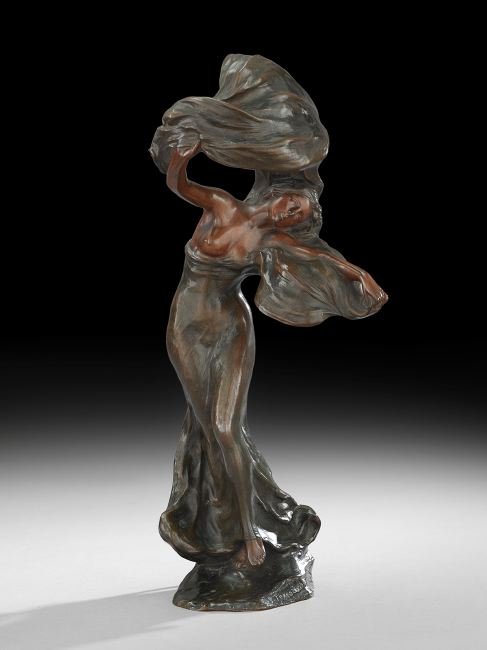 Peter Tereszczuk (Ukranian/Austrian, 1875-1963): Peter Tereszczuk (Ukranian/Austrian, 1875-1963), "Loie Fuller", 20th century, bronze figural lamp, signed at edge of self-base, h. 14", w. 5-1/2", d. 7".