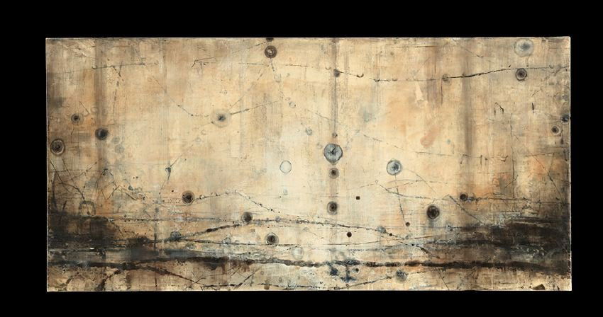 Betsy Eby (American/Oregon, b. 1967): Betsy Eby (American/Oregon, b. 1967), "Distillation: Ostanes Ebbing", 2003, encaustic on panel, signed, titled and dated en verso, 24" x 48". Unframed. Includes exhibition catalogue. Provenance: Winst