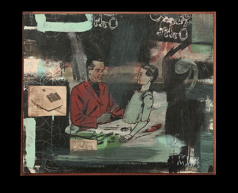 Peter Mars (American, b. 1959): Peter Mars (American, b. 1959), "Robot Boy", silkscreen, acrylic and collage on plywood, signed lower right, titled en verso, 21" x 24-3/4".