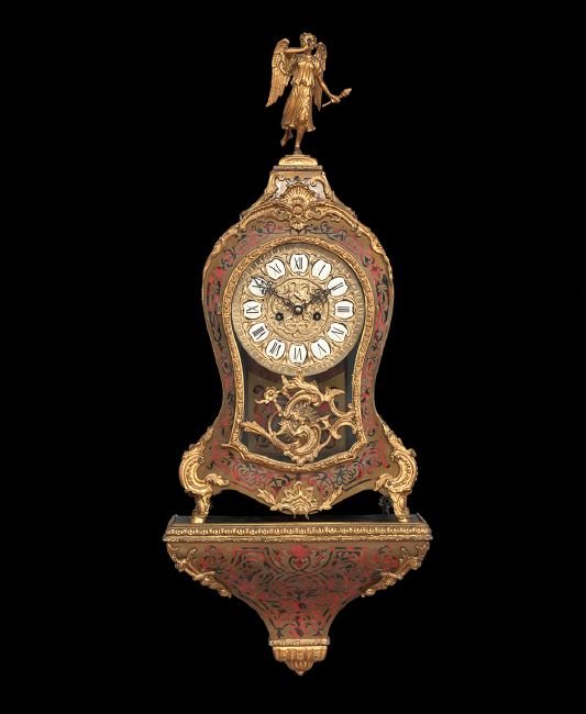 German Bronze-Trimmed Boulle-Work Bracket Clock: German Bronze-Trimmed Boulle-Work Bracket Clock and Bracket, in the Louis XIV style, with a bronze Angel Gabriel finial, marked "Hoehler", h. 32-1/4", w. 12-1/2", d. 5-3/4".