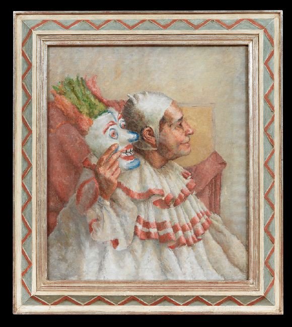Robert Brackman (American, 1898-1980): Robert Brackman (American, 1898-1980), "E. Grant as a Clown", oil on canvas, signed en verso "E. Grant Brackman A.M.", 28" x 24". Presented in a carved and polychrome frame.