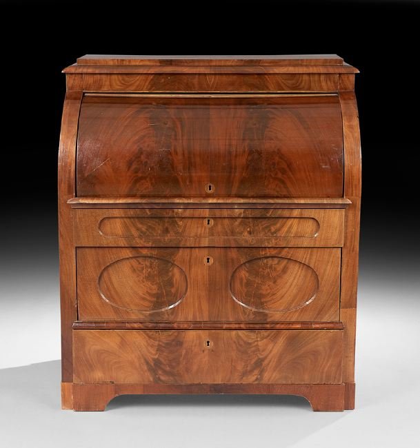 Biedermeier Mahogany Bureau a Cylindre: Biedermeier Mahogany Bureau a Cylindre, mid-19th century, the stepped rectangular top above a roll top opening to a pull-out writing surface and a central cupboard flanked to either side by three smal