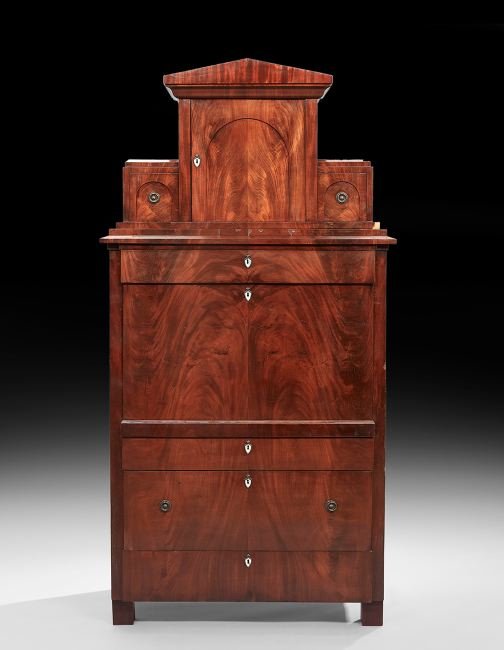 Biedermeier Mahogany Secretaire a Abattant: Biedermeier Mahogany Secretaire a Abattant, mid-19th century, the superstructure with a triangular crest, above a cupboard door inset with an arched panel, flanked to either side by a small deep drawe