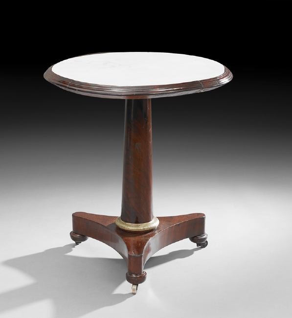 Charles X Mahogany and Marble-Top Gueridon: Charles X Gilt-Bronze-Mounted Mahogany and Marble-Top Gueridon, second quarter 19th century, the circular table with an inset white marble top mounted to a tapered standard with a finely cast and chas