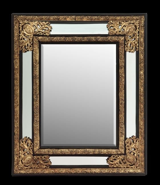 Baroque-Style Ebonized and Gilt-Brass Mirror: Dutch Baroque-Style Ebonized Wood and Gilt-Brass Mirror, ca. 1900, the pierced scrollwork corners terminating in molded cartouches, the handsomely detailed brass retaining its gilt-lacquer finish, set