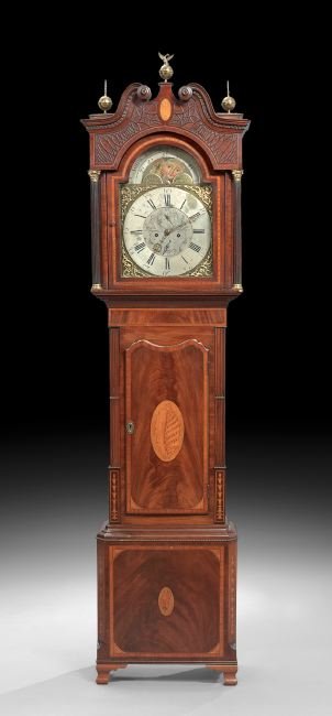 Good George III Inlaid Mahogany Tall Case Clock: Good George III Inlaid Mahogany Tall Case Clock, fourth quarter 18th century, the face finely engraved and bearing the name John Lees, Middleton (1745-1804), h. 94", w. 25", d. 12".