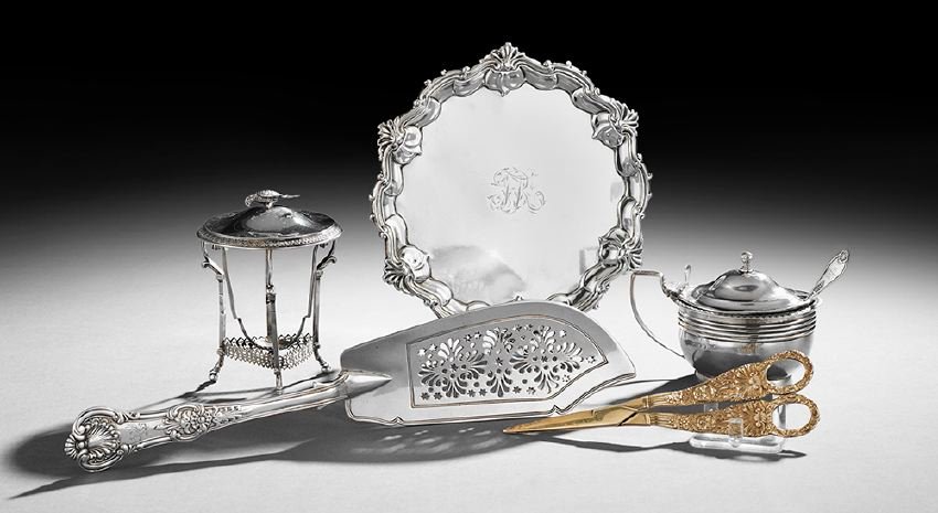 Five Pieces of English & French Silver Tableware: Five Good Pieces of English and French Silver Tableware, mid-18th to mid-19th century, including a George II sterling silver waiter, hallmarked London, 1757-1758, by James Morrison, with "Chippendale"