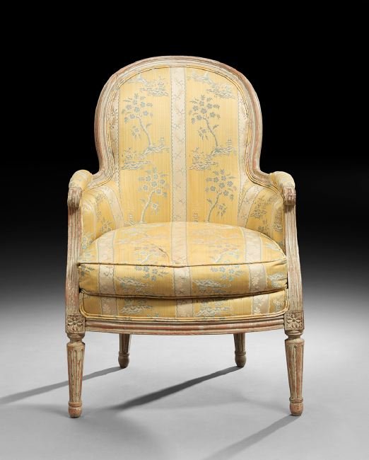 Louis XVI Polychrome Bergere: Louis XVI Polychrome Bergere, late 18th century, the padded domed back within a molded frame, joined by scrolling arms to the cushioned seat, raised on fluted tapering circular legs ending in peg feet