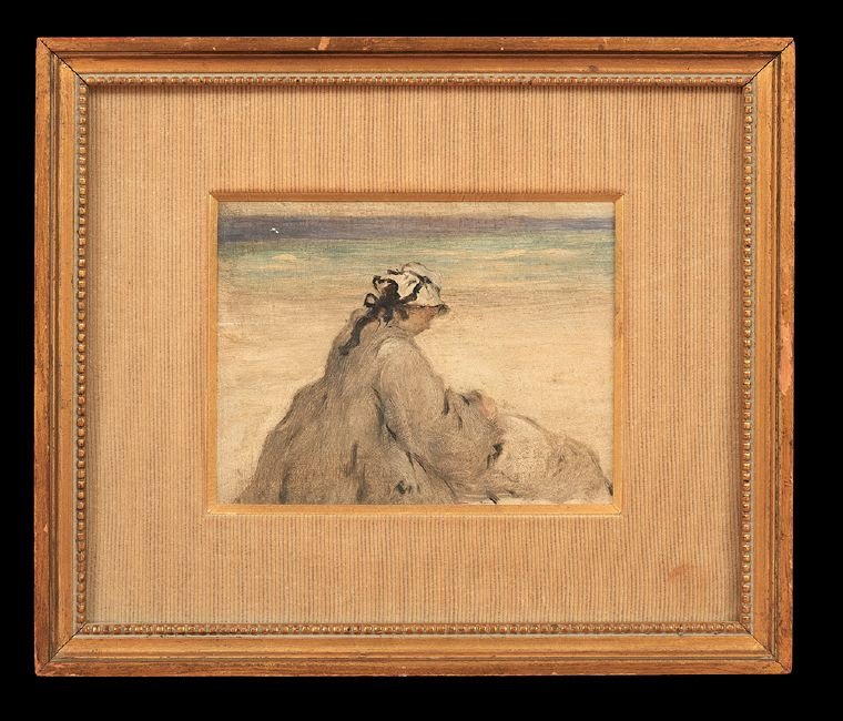 Circle of Eugene Boudin (French, 1824-1898): Circle of Eugene Boudin (French, 1824-1898), "Woman on the Beach", oil on board, unsigned, 4-3/4" x 6-3/8". Framed.