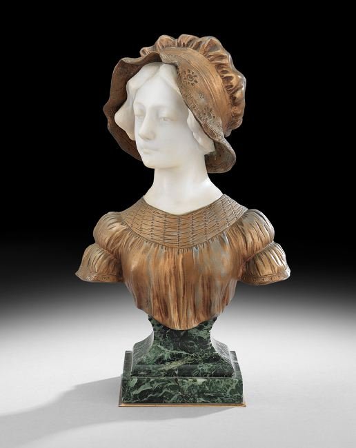 French Gilt-Metal and Marble Bust: French Gilt-Metal and White Marble Bust of a Jeune Fille, first quarter 20th century, after Affortunato Gory (French/Italian, 1895-1925), on a green marble base, marked "A. Gory, Paris", h. 10-3/4", w