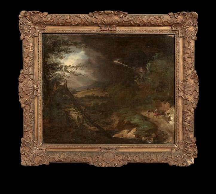 Manner of Th. Gainsborough (British, 1727-1788): Manner of Thomas Gainsborough (British, 1727-1788), "Stormy Landscape with Figures", fourth quarter 18th century, unsigned, partial label en verso, 25" x 29-3/4". Framed.