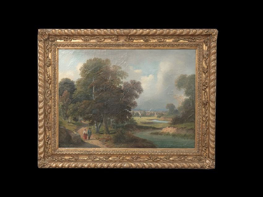 British School (Third Quarter 19th Century): British School (Third Quarter 19th Century), "Landscape with Figures Walking on a Wooded Path, a Village in the Distance", oil on canvas, 21" x 28". Presented in a handsome, grapevine-molded, giltwood