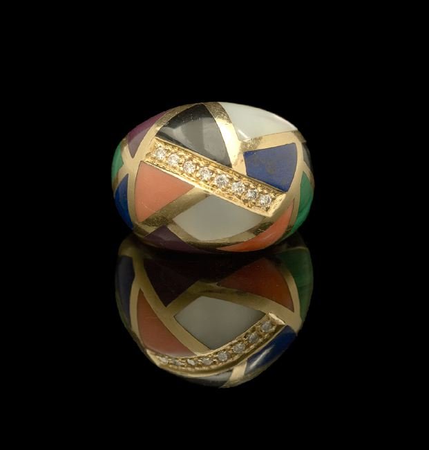 Asch Grossbardt 18 Kt. Gold & Hardstone Ring: Asch Grossbardt Eighteen-Karat Yellow Gold, Diamond, Coral, Black Onyx, Malachite, Lapis Lazuli and Mother-of-Pearl Ring, with a high dome, set with eight round brilliant-cut diamonds, with an approxi