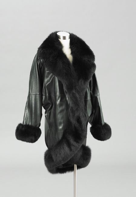 VintageJitrois Fox-Trimmed Kidskin Cocoon Coat: Vintage Jean Claude Jitrois, Paris, Black Fox-Trimmed Kidskin Cocoon Coat, 1980's, one size, the body in a self-patchwork design, with a bold notched collar, dolman sleeves and two slash pockets, trim