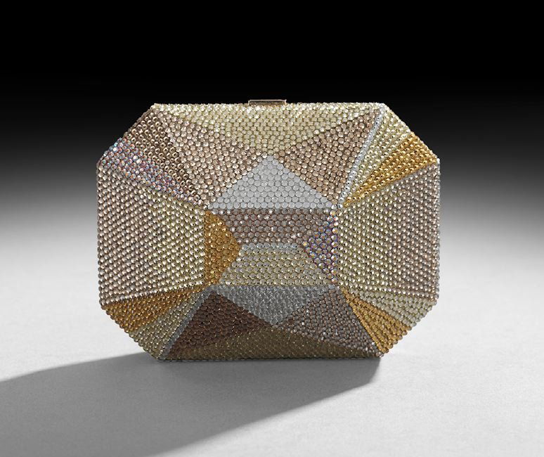 Judith Leiber Multi-Metallic Crystal Minaudiere: Judith Leiber Faceted Multi-Metallic Crystal Minaudiere, 1990's, with a flush clasp, the front and back designed as two different gem cuts, with drop-in gold chain, the interior lined in gold kidskin