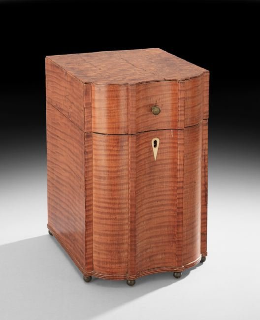 Rare Baltimore Tiger Maple Knife Box: Rare Baltimore Tiger Maple Knife Box, first quarter 19th century, school of John Needles, on brass ball feet, with a reeded lower edge and a shaped front, and a fitted interior, h. 16", w. 10", d. 11-