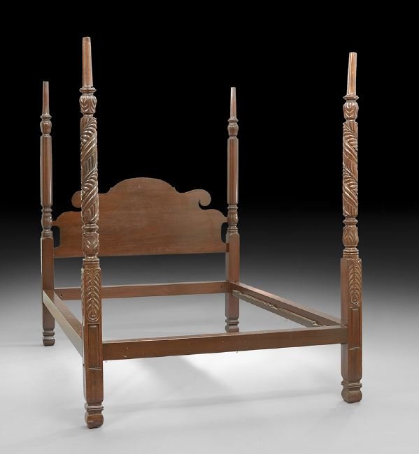 American Late Classical Four-Post Bedstead: American Late Classical Mahogany Four-Post Bedstead, second quarter 19th century and later, the foot posts with spiraling acanthus leaf carving, the headposts uncarved, modified to accommodate a stand