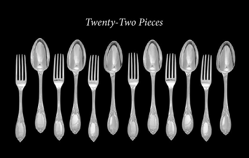 22 Pieces of "Italian" Pattern Silver Flatware: Twenty-Two Pieces of Civil War-Era "Italian" Pattern Sterling Silver Flatware, designed in 1860 by Alonzo Hebbard (1827-1887) for Gale & Willis, New York City, retailed by Edward J. Johnston & Co., Ma