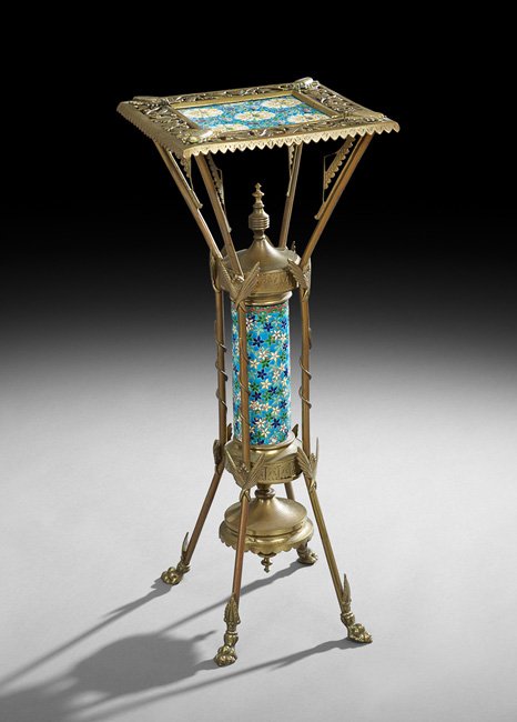 Bradley and Hubbard Brass and Pottery Stand: Bradley and Hubbard Brass Stand, Set with Longwy-Style Pottery, fourth quarter 19th century, Meriden, Connecticut and France, resting on paw feet, the support set with a cylindrical Longwy standard an