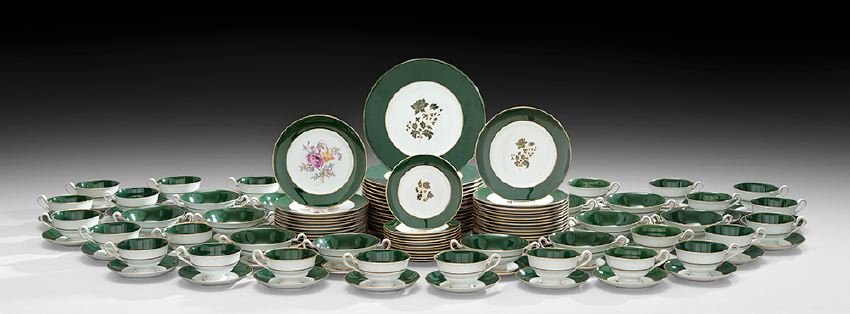 Tiffany-Retailed Spode Partial Dinner Service: Tiffany-Retailed Assembled Spode Bone China Partial Dinner Service, first quarter 20th century, English, with emerald green borders, some pieces with green floral sprigs and others with polychrome flo